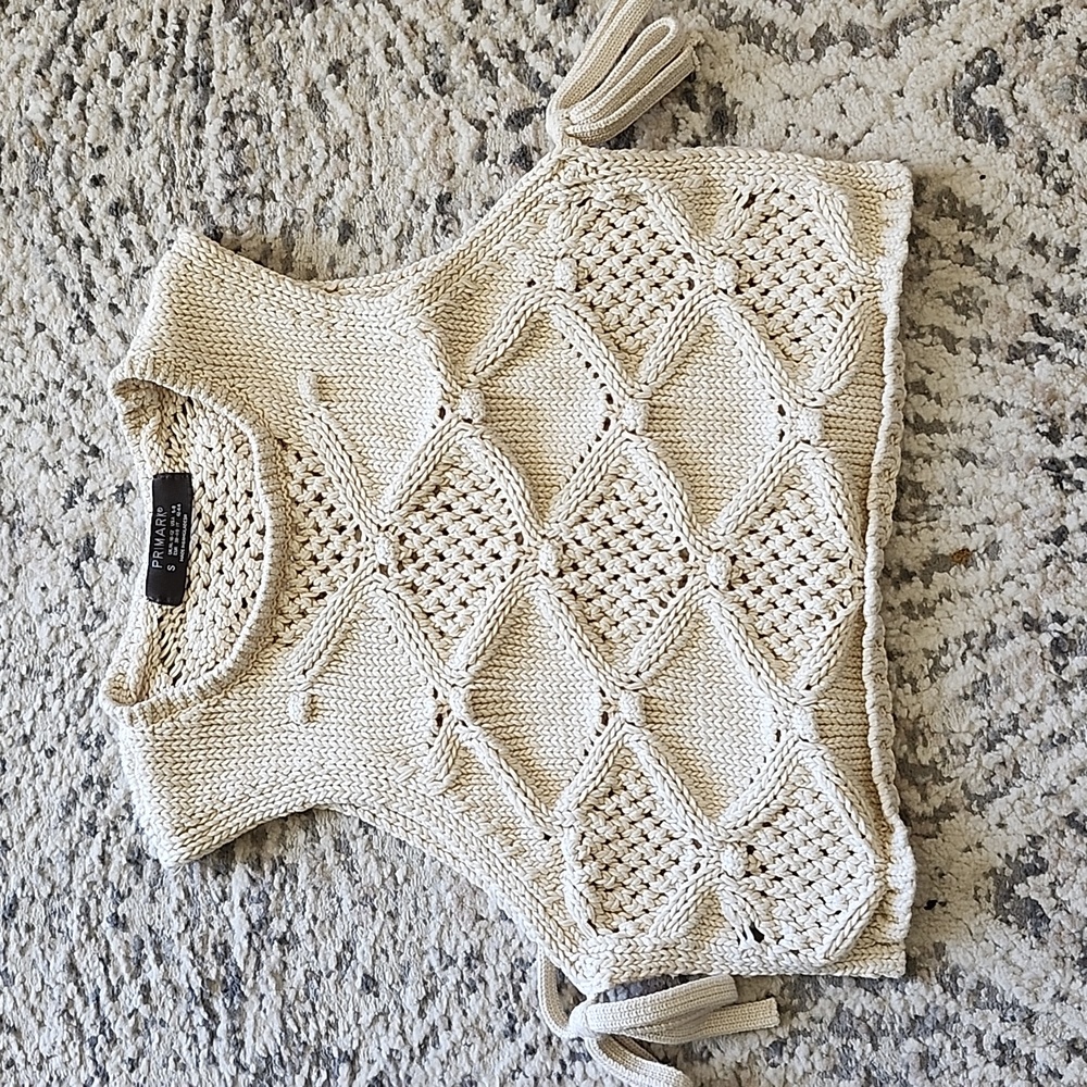 Primark Cream Knit Sleeveless Top Sweater Vest Size Small Open Sides Ties